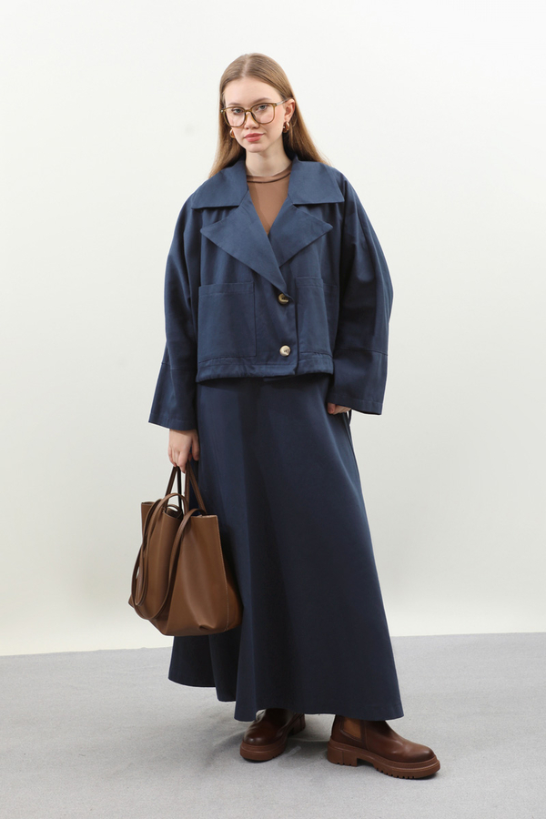 Düğmeli Ceket Etek Takım Lacivert - 1