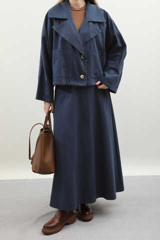 Düğmeli Ceket Etek Takım Lacivert - 4