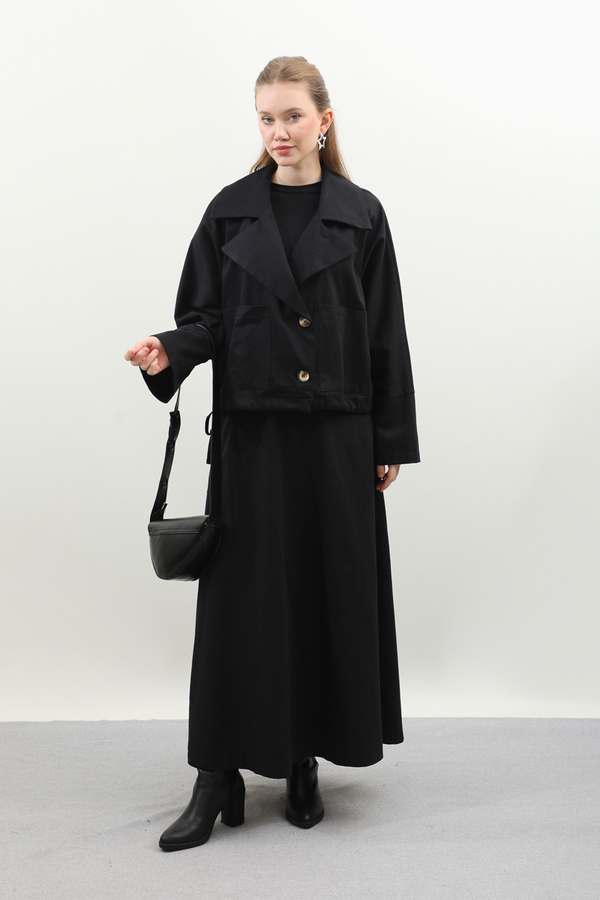 Düğmeli Ceket Etek Takım Siyah - 4