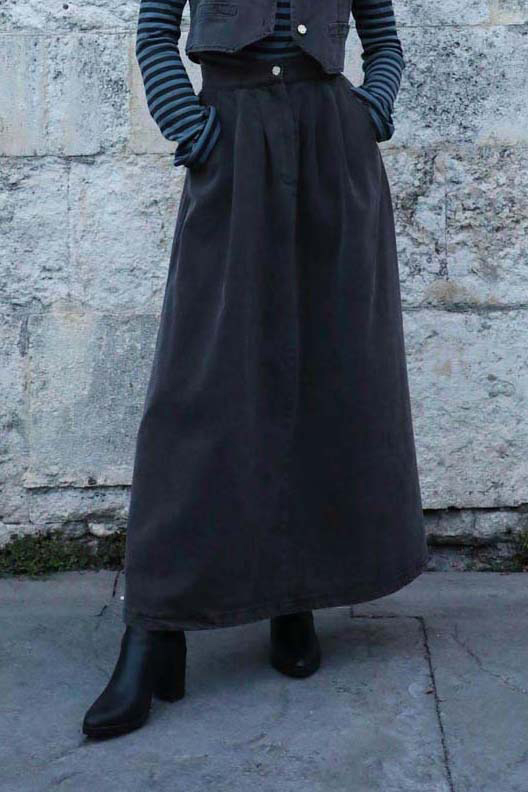 Düğmeli Denim Etek Gri - 2