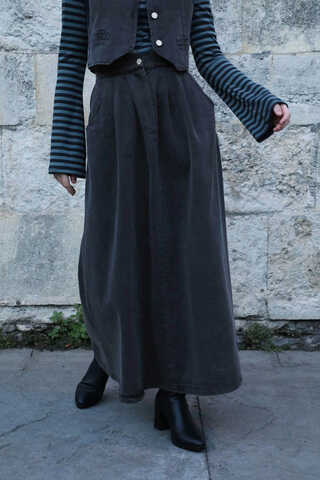 Düğmeli Denim Etek Gri - 1