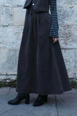 Düğmeli Denim Etek Gri - 3