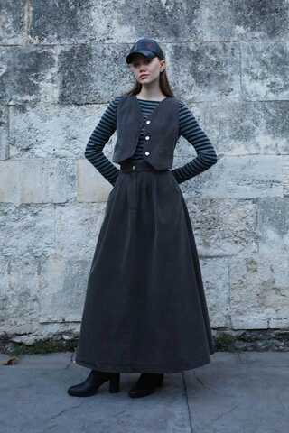 Düğmeli Denim Etek Gri - 4