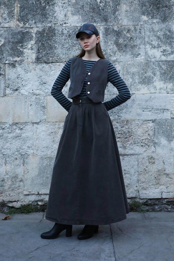 Düğmeli Denim Etek Gri - 4