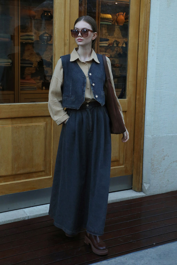 Düğmeli Denim Etek Mavi - 2