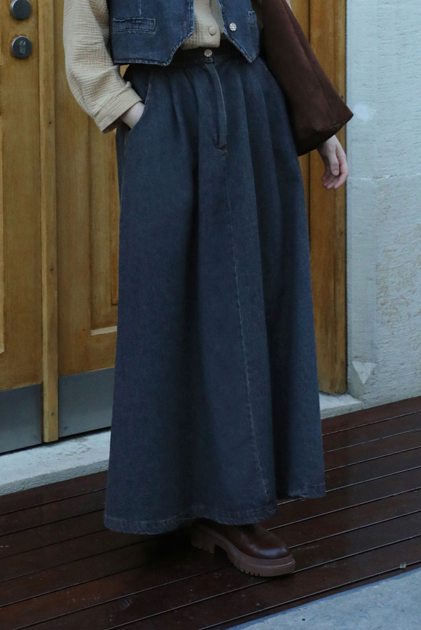 Düğmeli Denim Etek Mavi - 3