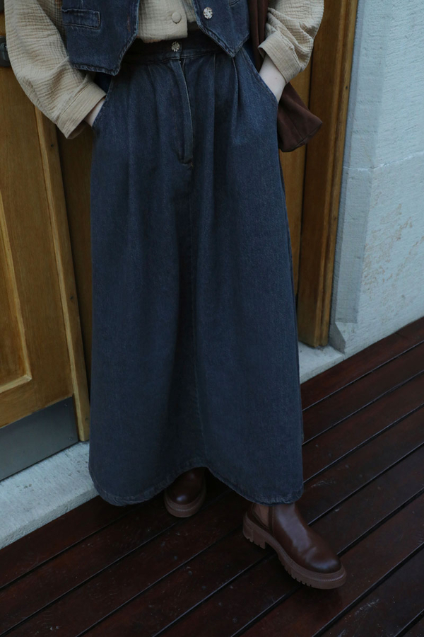 Düğmeli Denim Etek Mavi - 4