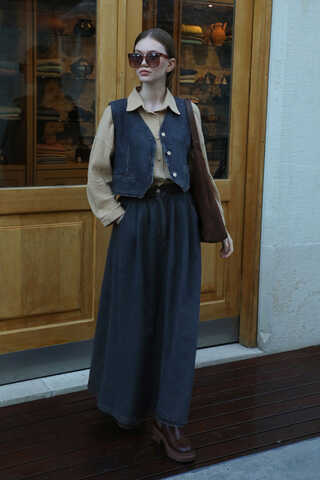 Düğmeli Denim Etek Mavi - 2