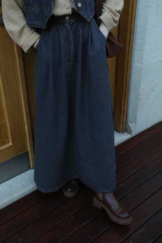 Düğmeli Denim Etek Mavi - 4