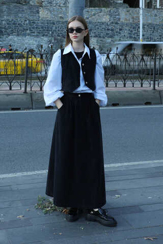 Düğmeli Denim Etek Siyah - 3