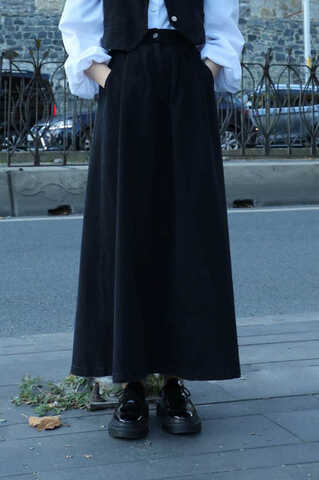 Düğmeli Denim Etek Siyah - 1