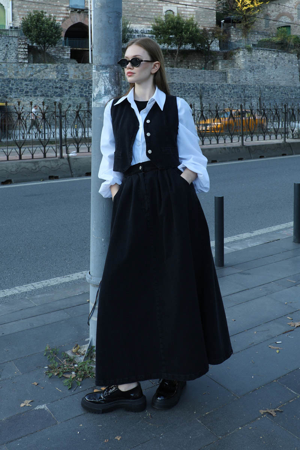 Düğmeli Denim Etek Siyah - 2