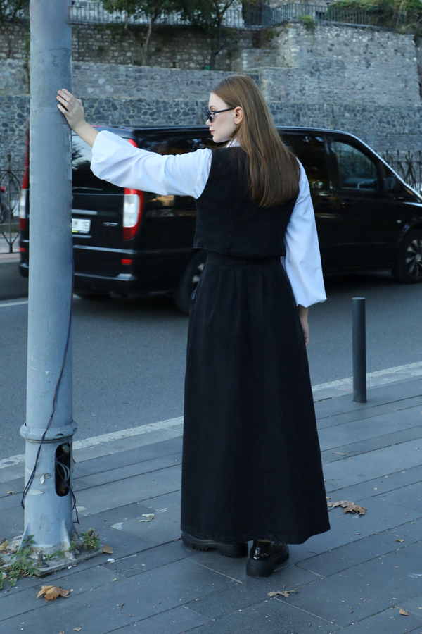 Düğmeli Denim Etek Siyah - 7