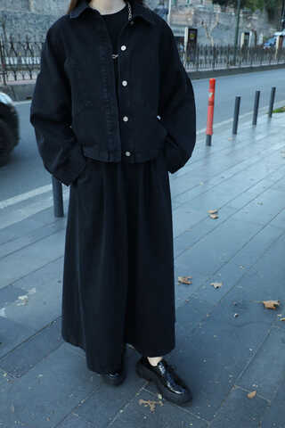 Düğmeli Denim Etek Siyah - 4