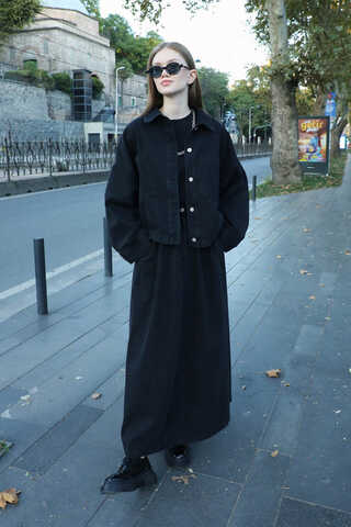 Düğmeli Denim Etek Siyah - 5