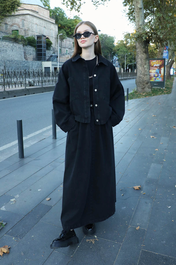 Düğmeli Denim Etek Siyah - 5