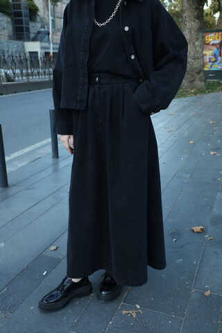 Düğmeli Denim Etek Siyah - 6