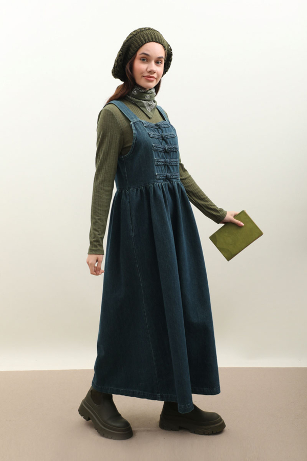 Düğmeli Denim Jile Koyu Mavi - 3