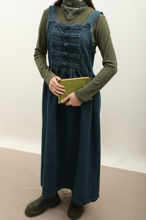 Düğmeli Denim Jile Koyu Mavi - 5