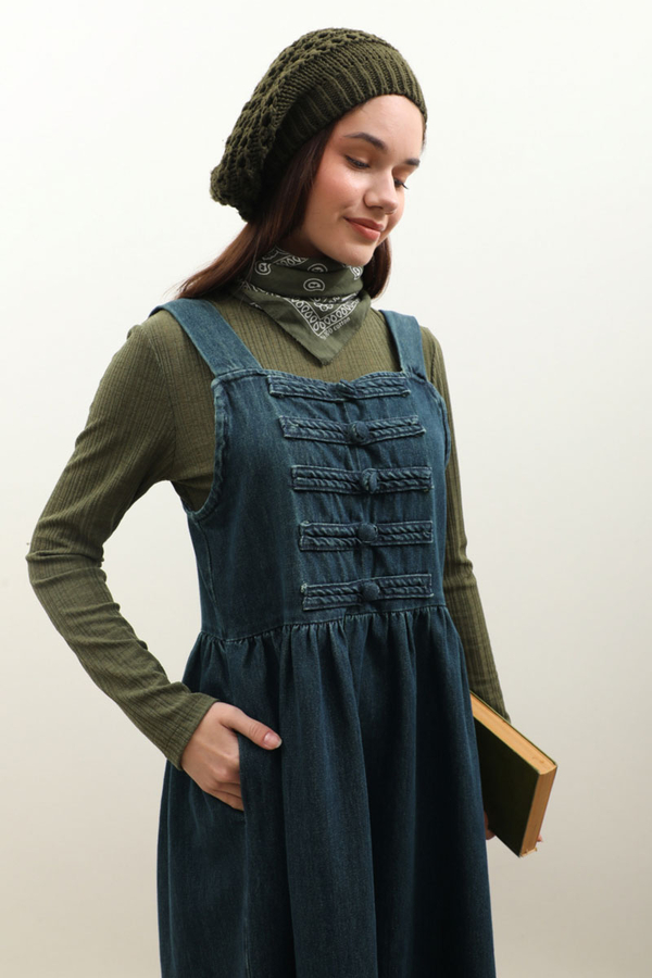 Düğmeli Denim Jile Koyu Mavi - 8