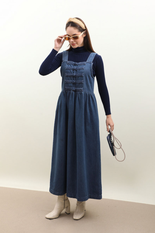 Düğmeli Denim Jile Mavi - 3