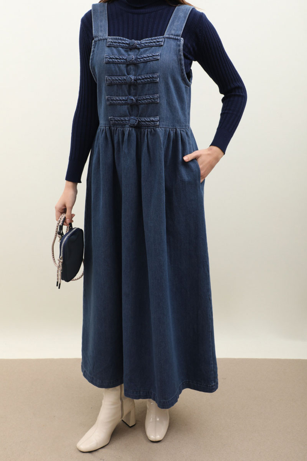 Düğmeli Denim Jile Mavi - 4