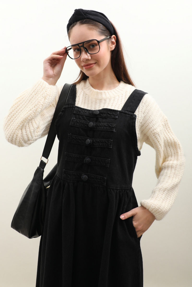 Düğmeli Denim Jile Siyah