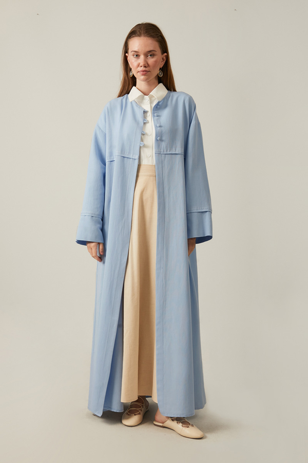 Düğmeli Keten Abaya Bebe Mavisi - 6
