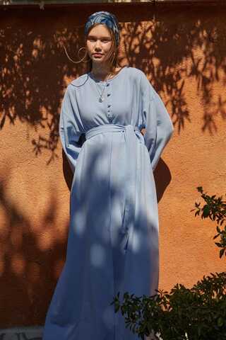 Düğmeli Keten Abaya Bebe Mavisi - 3