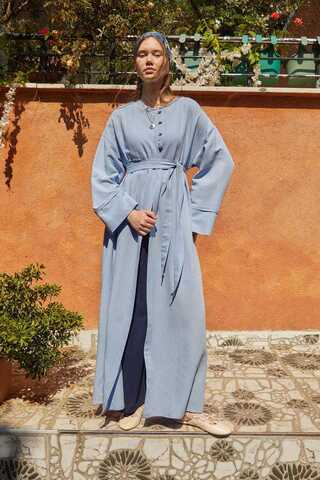 Düğmeli Keten Abaya Bebe Mavisi - 4