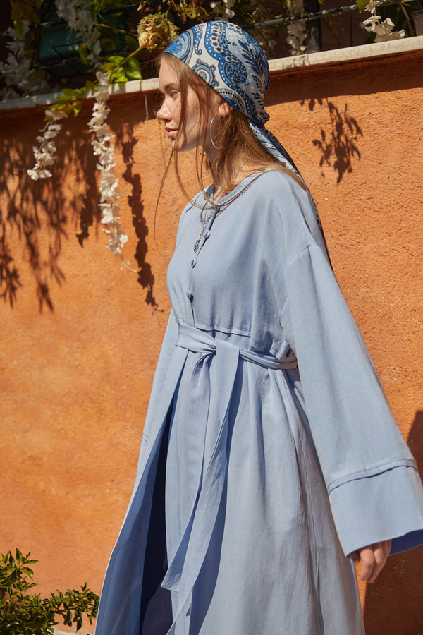 Düğmeli Keten Abaya Bebe Mavisi - 5