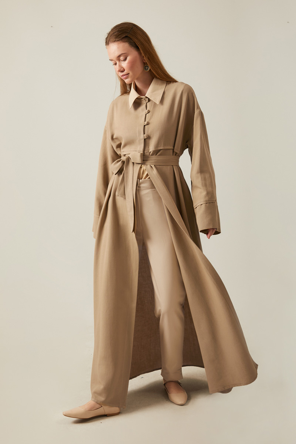 Düğmeli Keten Abaya Camel - 8