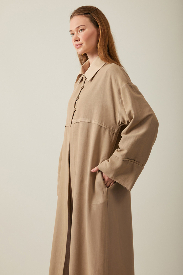 Düğmeli Keten Abaya Camel - 5