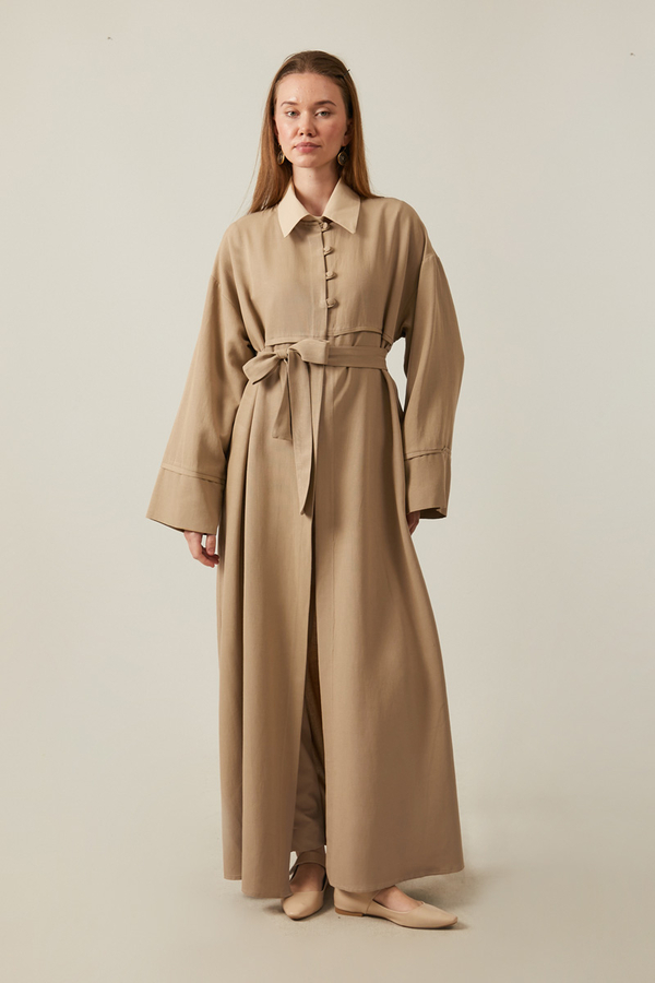Düğmeli Keten Abaya Camel - 6