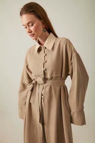 Düğmeli Keten Abaya Camel - 11