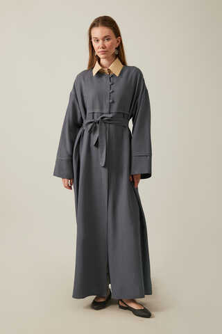 Düğmeli Keten Abaya Füme - 6