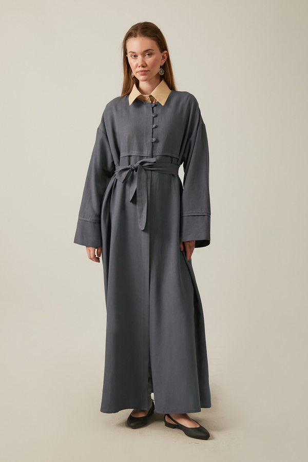 Düğmeli Keten Abaya Füme - 6