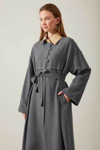 Düğmeli Keten Abaya Füme - 10