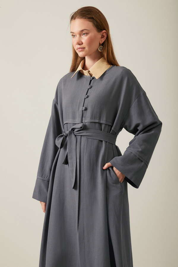 Düğmeli Keten Abaya Füme - 10