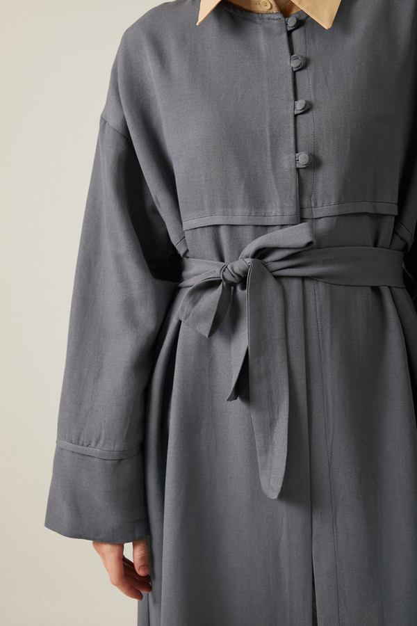 Düğmeli Keten Abaya Füme - 12