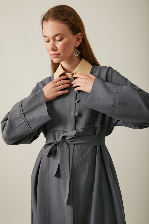 Düğmeli Keten Abaya Füme - 3