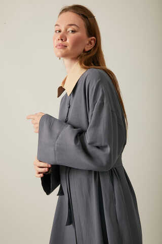 Düğmeli Keten Abaya Füme - 5