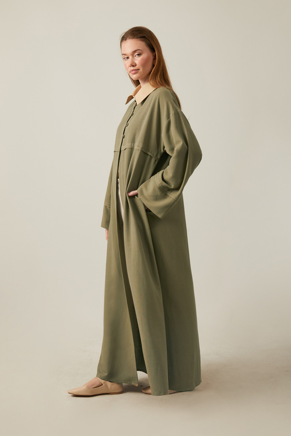 Düğmeli Keten Abaya Haki - 4