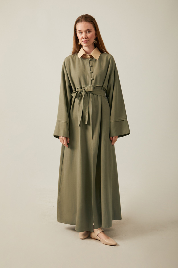 Düğmeli Keten Abaya Haki - 5