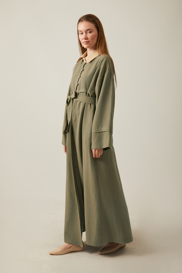 Düğmeli Keten Abaya Haki - 7