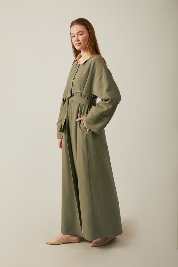 Düğmeli Keten Abaya Haki - 9