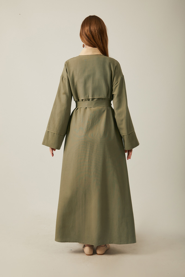 Düğmeli Keten Abaya Haki - 13