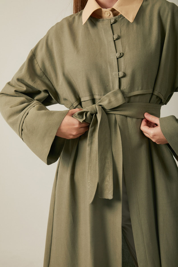 Düğmeli Keten Abaya Haki - 6