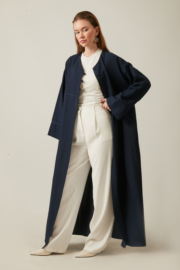 Düğmeli Keten Abaya Lacivert - 6