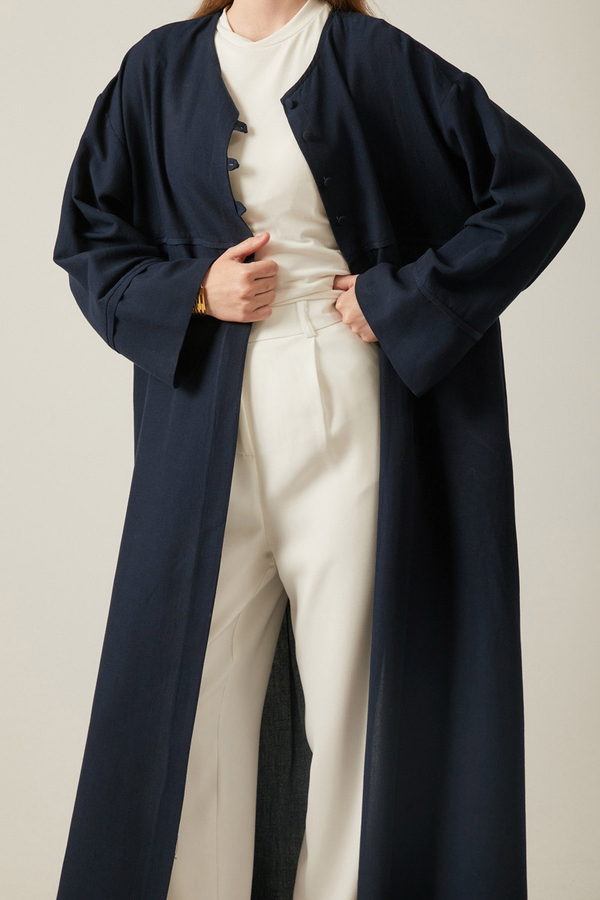 Düğmeli Keten Abaya Lacivert - 8
